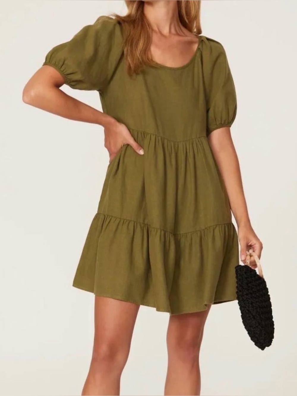 Madewell Responsible Olive Green Puff-Sleeve Tiered Mini Dress Women’s Small